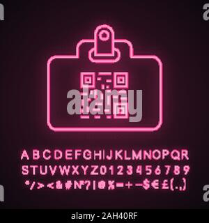QR-Code ID-Karte Neonlicht Symbol. Namensschild mit Matrix Barcode. ID-Karte mit 2D-Code. Zweidimensionale Barcode Daten. Leuchtende Zeichen mit Alp Stock Vektor