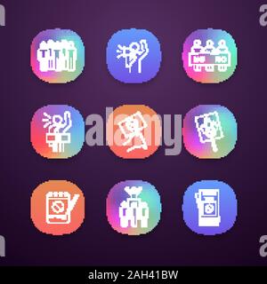 Protestaktion App Icons einstellen. UI/UX-Benutzeroberfläche. Sitzung, Demonstrant, Streikposten, Rede, Banner, Plakat, petition, Protest, Leader, Packungsbeilage. Web oder mob Stock Vektor