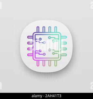 Prozessor mit elektronischen Schaltungen App Symbol. UI/UX-Schnittstelle. Mikroprozessor mit Mikroschaltungen. Chip, Chip, Chipsatz. CPU. Zentrale Verarbeitung. In Stock Vektor