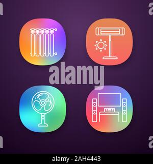 Haushaltsgeräte App Icons einstellen. Strahler, Infrarot Heizung, Ständer, Ventilator, Home Theater System mit TV. UI/UX-Benutzeroberfläche. Web oder mobile Anwendungen Stock Vektor