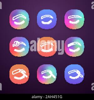 Augenbrauen formen App Icons einstellen. UI/UX-Schnittstelle. Gewölbt, gerundet, gerade Augenbrauen, Entfernen von Make-up, microblading, Tätowierung, Augenbrauen, Kontur, Tönung w Stock Vektor