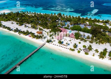 Malediven, Süd Male Atoll Kaafu Atoll, Luftaufnahme von Resort auf Fun Island Lagune Stockfoto