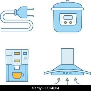 Haushaltsgeräte farbige Symbole gesetzt. Netzstecker, multicooker, Kaffeemaschine, Dunstabzugshaube. Isolierte Vektorgrafiken Stock Vektor