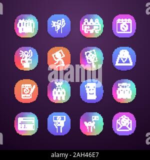 Protestaktion App Icons einstellen. UI/UX-Benutzeroberfläche. Massendemonstrationen. Das politische Verhalten. Soziale und politische Bewegungen. Demokratie und Menschenrechte righ Stock Vektor