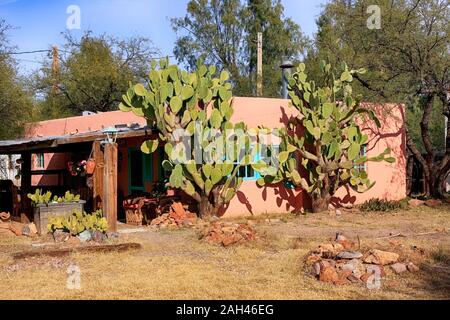 Adobe Haus mit Kakteen in der Werft in Tubac, Arizona Stockfoto