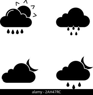 Wettervorhersage Glyphe Symbole gesetzt. Regen, Sonne, Regen, Wolken, Nieselregen und verstreut. Silhouette Symbole. Vektor isoliert illust Stock Vektor
