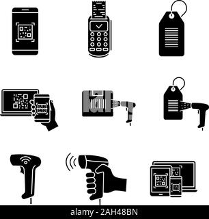 Barcodes Glyphe Symbole gesetzt. Smartphone Scannen von Barcodes app, Papier Eingang, hängen sie Tag, Paket bar Code scanner, Handheld, Reader. Silhouette Symbole Stock Vektor