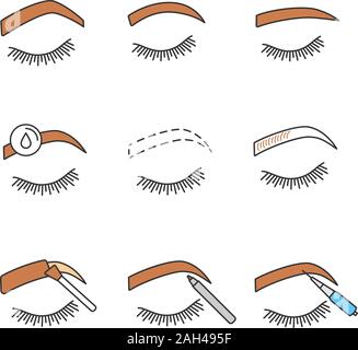 Augenbrauen Gestaltung farbige Symbole gesetzt. Steil gewölbten, abgerundete, gerade Augenbrauen, Entfernen von Make-up, microblading, Tätowierung, Augenbrauen Konturierung, Tönung mit Pe Stock Vektor