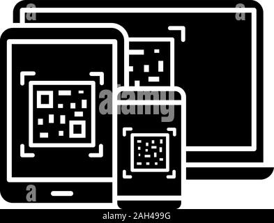QR-Codes auf verschiedenen Geräten glyph Icon. Matrix Barcode Generator. 2D-Codes auf Laptops, Smartphones, Tablet-PC. Scannen von Barcodes lesen, Apps. Silho Stock Vektor