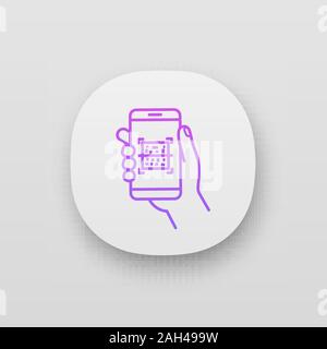 QR-Code scanner Smartphone App Symbol. UI/UX-Benutzeroberfläche. Matrix Barcode scannen. 2D Code Reader. Hand Handy. QR-Zahlung. Web- oder Mobi Stock Vektor