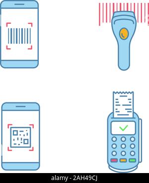 Barcodes farbige Symbole gesetzt. Smartphone Barcode Scanner, lineare Code Reader, Scannen app, Payment Terminal Empfang. Isolierte Vektorgrafiken Stock Vektor