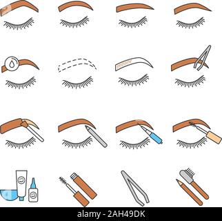 Augenbrauen Gestaltung farbige Symbole gesetzt. Augenbrauen microblading und Tattoo. Augenbrauen Permanent Make-up. Augenbrauen färben. Isolierte Vektorgrafiken Stock Vektor