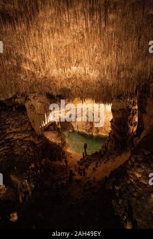 Stalagmiten und Stalaktiten in den Höhlen von Drach, Mallorca, Spanien. Stockfoto