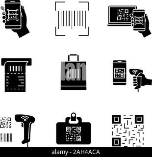 Barcodes Glyphe Symbole gesetzt. Smartphone Scannen von Barcodes app, linearen Codes, QR-Code, ATM Geldeingang, Shopping Bag, Handheld Barcode Reader, ID-Badge. S Stock Vektor