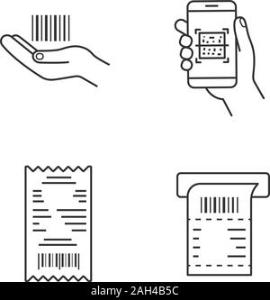 Barcodes lineare Symbole gesetzt. Lineare Barcodes in der Hand, QR-Codes scannen App, Geldeingang, ATM-Papier prüfen. Thin Line Kontur Symbole. Isolierte Vektor ou Stock Vektor