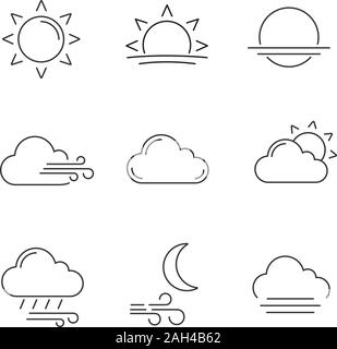 Wettervorhersage lineare Symbole gesetzt. Sonne, Sonnenaufgang, Sonnenuntergang, Wind, Wolken, bewölkt Wetter, Regen, windigen Nacht, Nebel. Kontur Symbole. Isoliert Stock Vektor