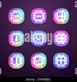 Prozessoren App Icons einstellen. Octa, sechs, Dual, Quad Core Chip, CPU-Temperatur, traurig, Mikroprozessor, Prozessor, integrierter Schaltkreis. UI/UX-Schnittstelle. Mobil Stock Vektor