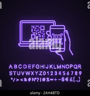 QR-Code scannen Smartphone App Neonlicht Symbol. Handy liest Strichcode auf dem PC. Matrix Code angezeigt auf dem Laptop. Leuchtende Zeichen mit Alphabet, Numb Stock Vektor
