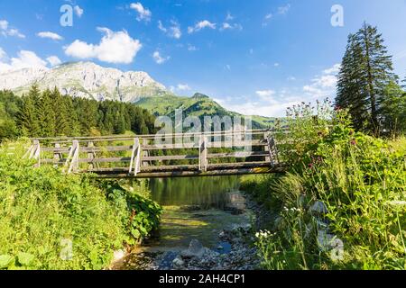 Österreich, Kärnten, Holzbrücke über See in den Karnischen Alpen im Sommer Stockfoto