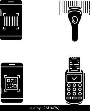 Barcodes Glyphe Symbole gesetzt. Smartphone Barcode Scanner, lineare Code Reader, Scannen app, Payment Terminal Empfang. Silhouette Symbole. Vektor isoliert Stock Vektor