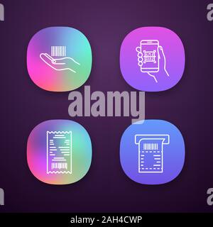 Barcodes App Icons einstellen. UI/UX-Benutzeroberfläche. Lineare Barcodes in der Hand, QR-Codes scannen App, Geldeingang, ATM-Papier prüfen. Web oder mobile Anwendungen Stock Vektor