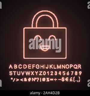 Lächelnd Vorhängeschloss Neonlicht Symbol. Zuverlässige Passwort. Schutz, Sicherheit. Einfach Sicherheit. Happy Vorhängeschloss. Emoji, emoticon. Leuchtende Zeichen mit Alphabet, num Stock Vektor