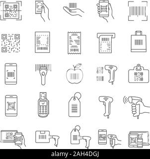 Barcodes lineare Symbole gesetzt. Linear, Matrix, Barcodes. Scannen von Barcodes lesen, Anwendungen und Geräten. Mit QR in Einzelhandel, Lagerhaltung, Auslieferung. Iso Stock Vektor