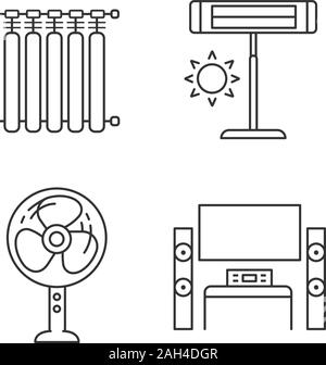 Haushaltsgeräte lineare Symbole gesetzt. Strahler, Infrarot Heizung, Ständer, Ventilator, Home Theater System mit TV. Thin Line Kontur Symbole. Isolierte ve Stock Vektor