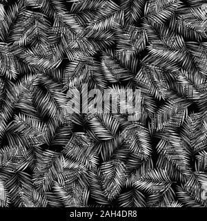 Aquarell monochromen Palm Blätter auf einem schwarzen Hintergrund. Nahtlose Muster. Abbildung. Stockfoto