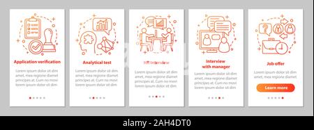 Headhunting Onboarding mobile App Seite Bildschirm mit linearen Konzepten. Erste job. Einstellung Schritte grafische Anweisungen. UX, Benutzeroberfläche, GUI vector Template w Stock Vektor