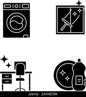 Reinigung Glyphe Symbole gesetzt. Waschmaschine, Fensterreinigung, ordentlich Tabelle, Spülmittel. Silhouette Symbole. Vektor isoliert Abbildung Stock Vektor