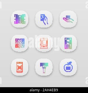 Barcodes App Icons einstellen. UI/UX-Benutzeroberfläche. QR und linearen Codes scannen App, Gerät, Geldeingang, Barcode in der Hand, Papier prüfen, Produkt Barcode. Stock Vektor