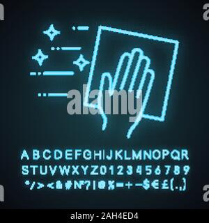 Reinigung serviette Neonlicht Symbol. Windows Reinigungstuch. Oberfläche abwischen, Desinfektion. Leuchtende Zeichen mit Alphabet, Zahlen und Symbolen. Vektor isolieren Stock Vektor