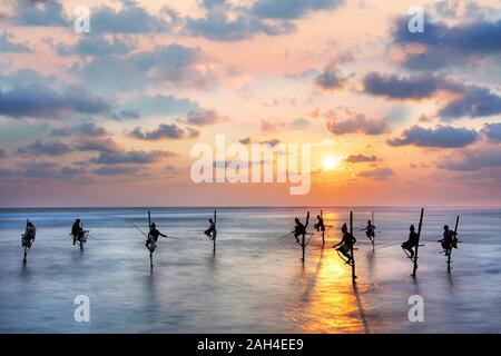 Fischer zu den Stelzen in Silhouette in den Sonnenuntergang in Sri Lanka. Stockfoto