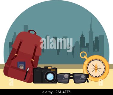 World Travel Szene mit Handtasche und Symbole Stock Vektor