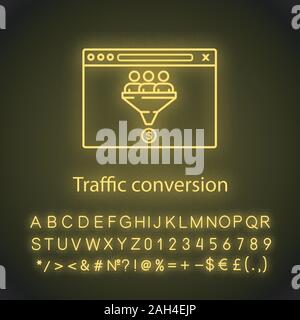 Verkehr Umwandlung Neonlicht Symbol. Sales Funnel. Internet Marketing. Kunden Filter. Conversion Rate. Lead Generation. Leuchtende Zeichen mit Alphabet, n Stock Vektor