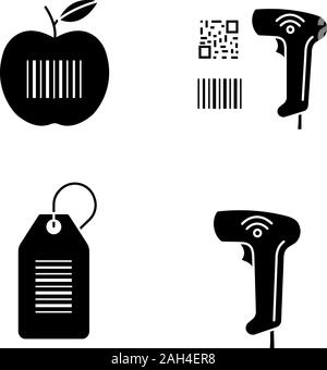 Barcodes Glyphe Symbole gesetzt. Produkt Barcode, qr und linearen Codes scanner, hang Tag, Wireless Handheld reader. Silhouette Symbole. Vektor isoliert illust Stock Vektor