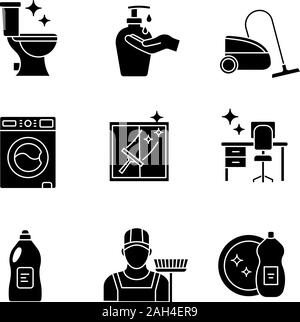 Reinigung Glyphe Symbole gesetzt. Mop, Scheuerbürste, Hände, Seife, Staubsauger, Reinigungsmittel, ordentlich Tabelle, Geschirrspüler, Wc und Fenster putzen. Silhouet Stock Vektor