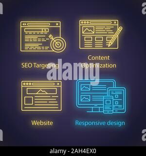 SEO Neon Licht Symbole gesetzt. Targeting, content Optimierung, Website, responsive Design. Leuchtende Zeichen. Vektor isoliert Abbildungen Stock Vektor