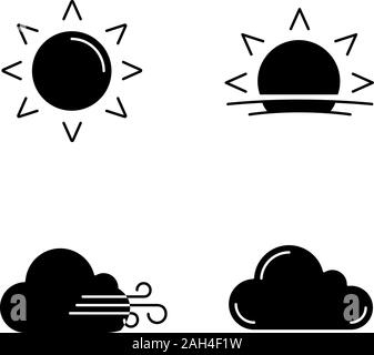 Wettervorhersage Glyphe Symbole gesetzt. Sonne, Sonnenaufgang, Sonnenuntergang, bewölkt und windig, Cloud. Silhouette Symbole. Vektor isoliert Abbildung Stock Vektor