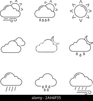 Wettervorhersage lineare Symbole gesetzt. Leicht bewölkt und windig, Nieselregen Regen, Sonne, Wolken, Nacht, Wind, bewölkten, regnerischen Nacht. Isolierte Vektor heraus Stock Vektor