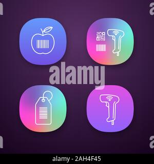 Barcodes App Icons einstellen. UI/UX-Benutzeroberfläche. Produkt Barcode, qr und linearen Codes scanner, hang Tag, Wireless Handheld reader. Web oder mobile applicat Stock Vektor