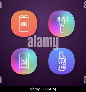 Barcodes App Icons einstellen. Smartphone Barcode Scanner, lineare Code Reader, Scannen app, Payment Terminal Empfang. UI/UX-Benutzeroberfläche. Web oder mobile Ap Stock Vektor