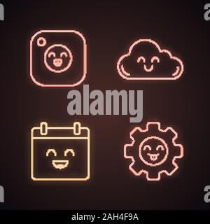 Lächelnd Produkte Neon Licht Symbole gesetzt. Zeichen. Happy Kamera, Cloud, Kalender, Zahnrad. Leuchtende Zeichen. Vektor isoliert Abbildungen Stock Vektor
