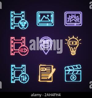 Filmindustrie Neon Licht Symbole gesetzt. Audio aufzeichnen, Farbkorrektur, visuelle Effekte, Motion Graphics, Locations, Film, Sound Mixer, Drehbuch, c Stock Vektor