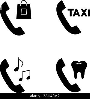 Telefondienste Glyphe Symbole gesetzt. Shopping, Taxi bestellen, Klingelton, Zahnarzt Termin. Silhouette Symbole. Vektor isoliert Abbildung Stock Vektor