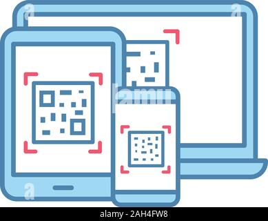QR-Codes auf verschiedenen Geräten Farbe Symbol. Matrix Barcode Generator. 2D-Codes auf Laptops, Smartphones und Tablet PC. Data Matrix. Barcodes lesen und s Stock Vektor