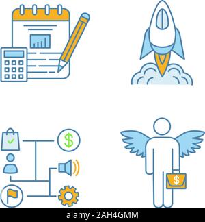 Start color Symbole gesetzt. Finanzplanung, Anlauf starten, Geschäftsstrategie, Angel Investor. Isolierte Vektorgrafiken Stock Vektor
