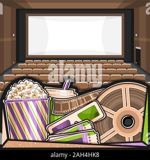 Vector Illustration von Kino, Quadrat Poster mit Kino, Reihen von Sesseln, Pop Corn in großer Box, Trinken in Schale aus Kunststoff, grün - magenta Stock Vektor