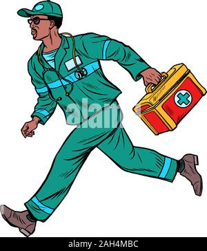 Afrikanischer Krankenwagen Arzt. Männlicher Sanitäter mit Verbandskasten Stock Vektor